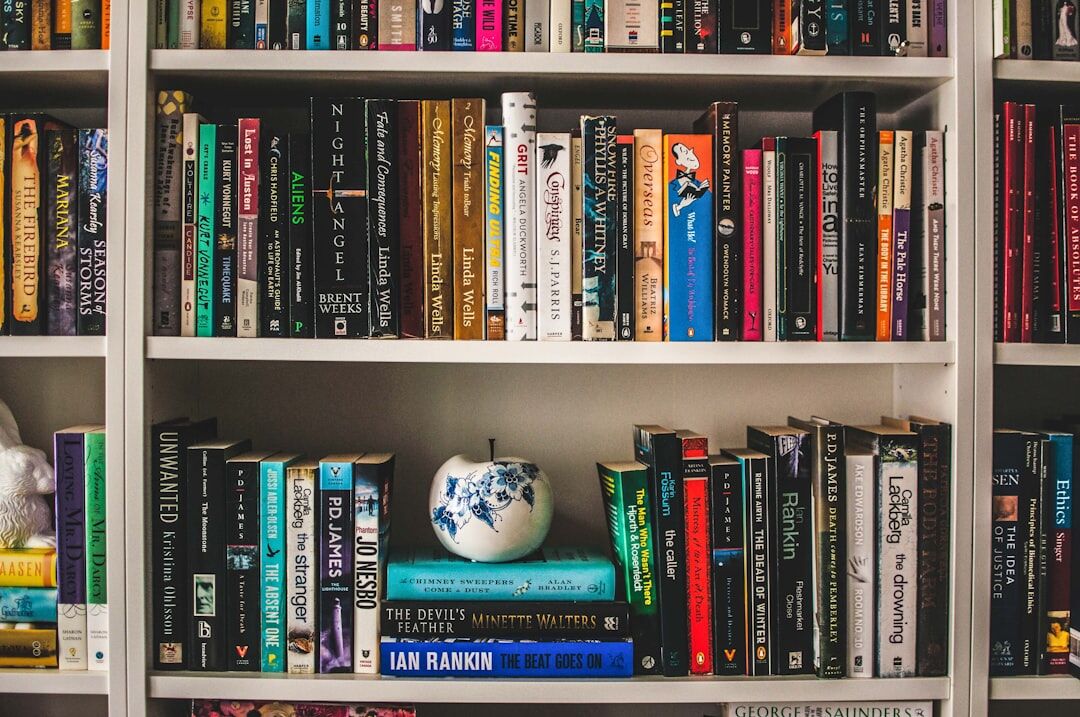 bookshelf filled with mystery novels